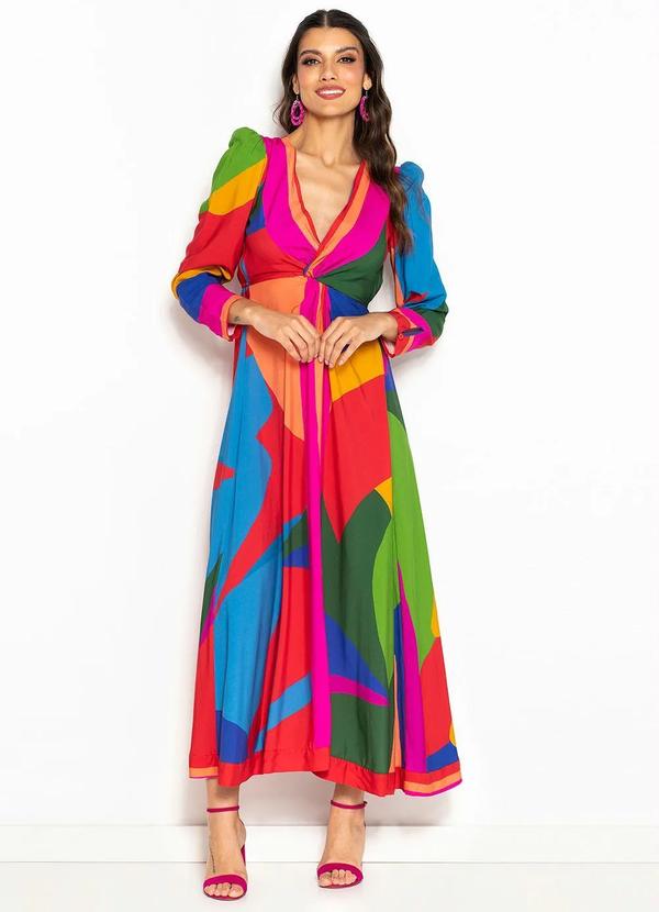 Farm - Vestido Longo de Viscose Lenço Costela de Cor Vermelho
