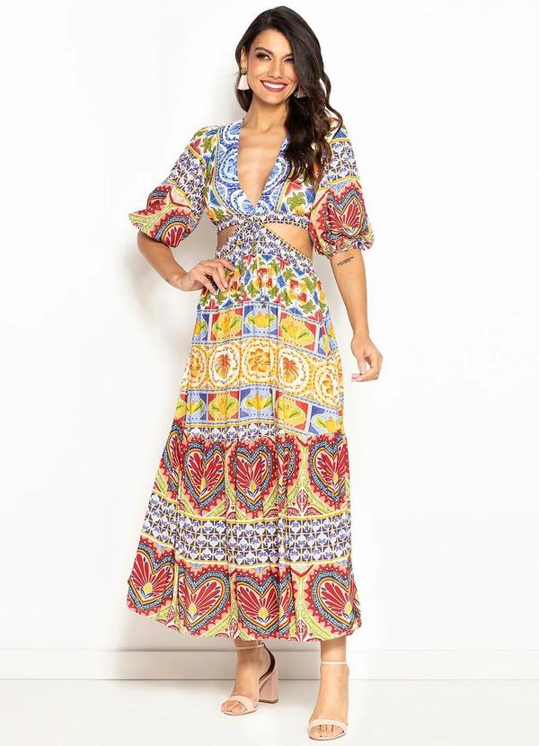 Farm - Vestido Longo de Viscose Mania de Azulejo Barrado Branco
