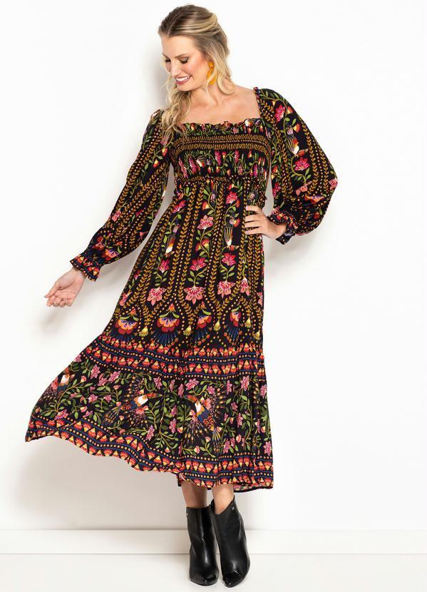 Farm - Vestido Longo de Viscose Revoada Linda Preto