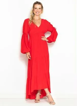 Maria Filó - Vestido Longo Decote Franzido em Crepe Vermelho - MARIA FILÓ