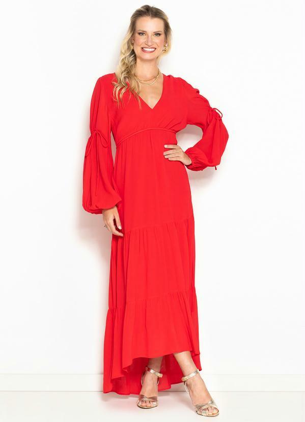 Maria Filó - Vestido Longo Decote Franzido em Crepe Vermelho
