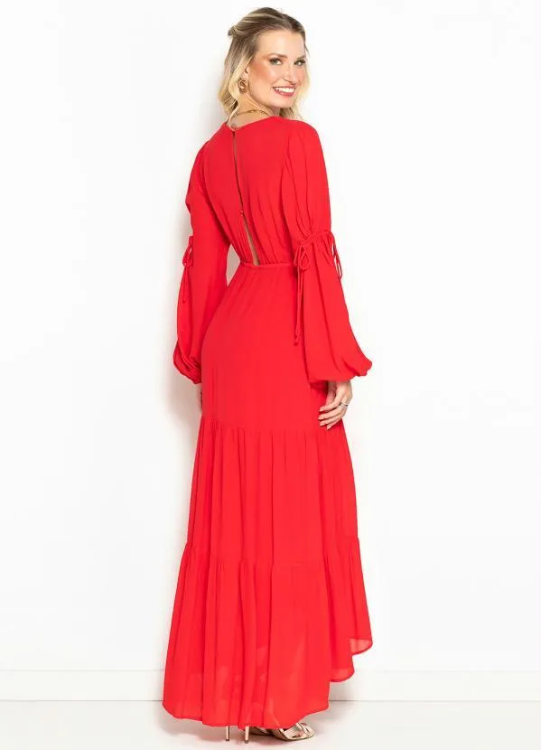 Maria Filó - Vestido Longo Decote Franzido em Crepe Vermelho 2
