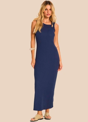 Doce Trama - Vestido Longo Detalhe Dourado na Alça Azul - DOCE TRAMA