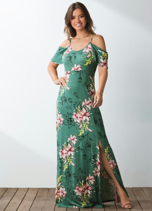 Quintess - Vestido Longo em Malha de Viscose Floral Verde