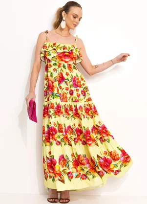 Farm - Vestido Longo em Viscolinho Amarelo - FARM