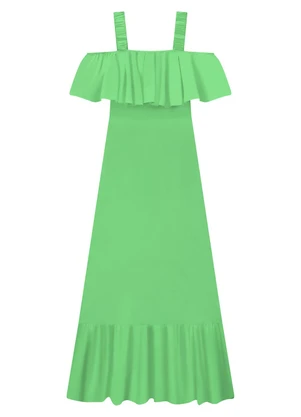 Lunender - Vestido Longo em Viscose com Babado Decote Verde - LUNENDER