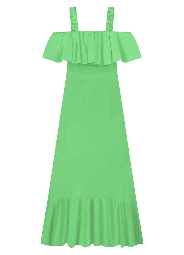 Lunender - Vestido Longo em Viscose com Babado Decote Verde