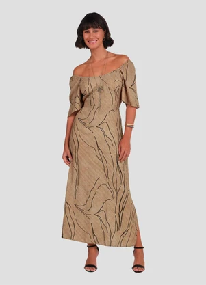 Cereja Rosa - Vestido Longo em Viscose Estampada Marrom - CEREJA ROSA