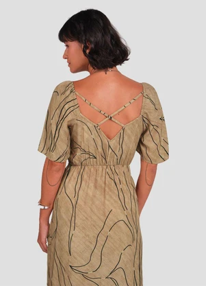 Cereja Rosa - Vestido Longo em Viscose Estampada Marrom - CEREJA ROSA
