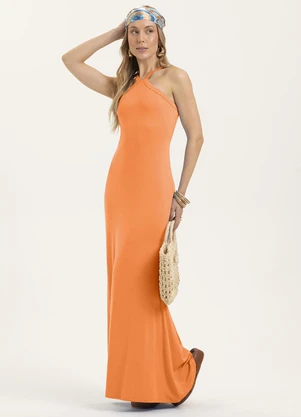 Cativa - Vestido Longo em Viscose Listra Laranja - CATIVA