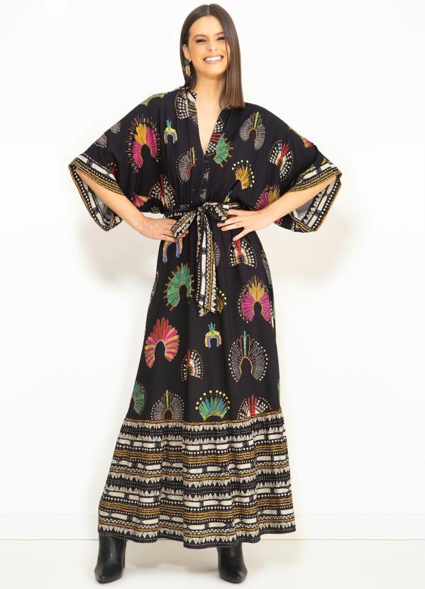 Farm - Vestido Longo em Viscose Maravilha de Cocar Preto