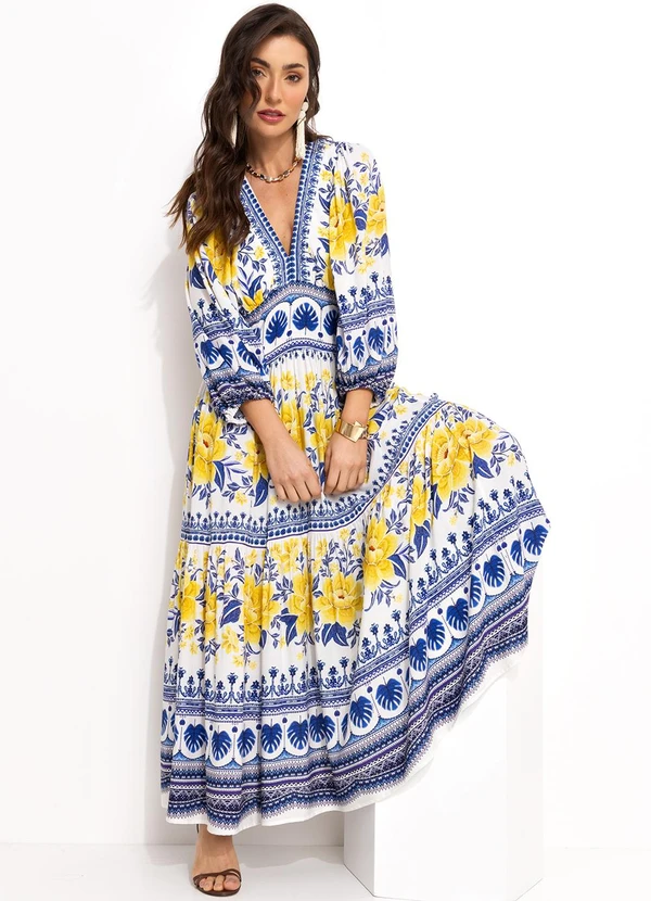 Farm - Vestido Longo em Viscose Azul 3