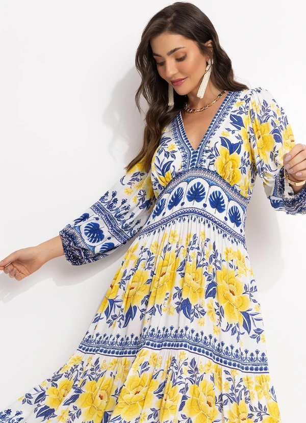 Farm - Vestido Longo em Viscose Azul 4