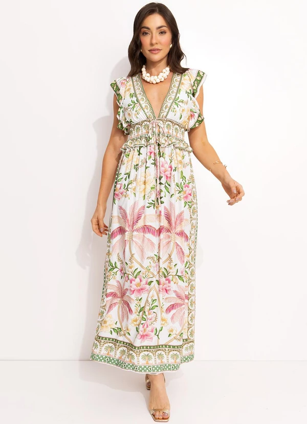 Farm - Vestido Longo em Viscose Off White