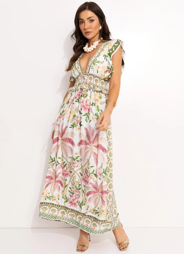 Farm - Vestido Longo em Viscose Off White 10