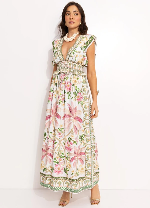 Farm - Vestido Longo em Viscose Off White 9