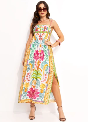 Farm - Vestido Longo em Viscose Off White - FARM