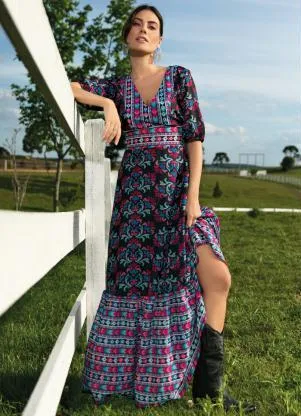 Quintess - Vestido Longo Estampa Arabesco Folk - QUINTESS