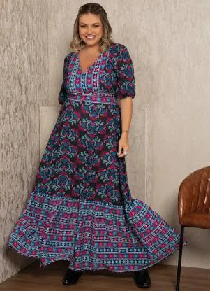 Quintess - Vestido Longo Estampa Arabesco Folk - QUINTESS