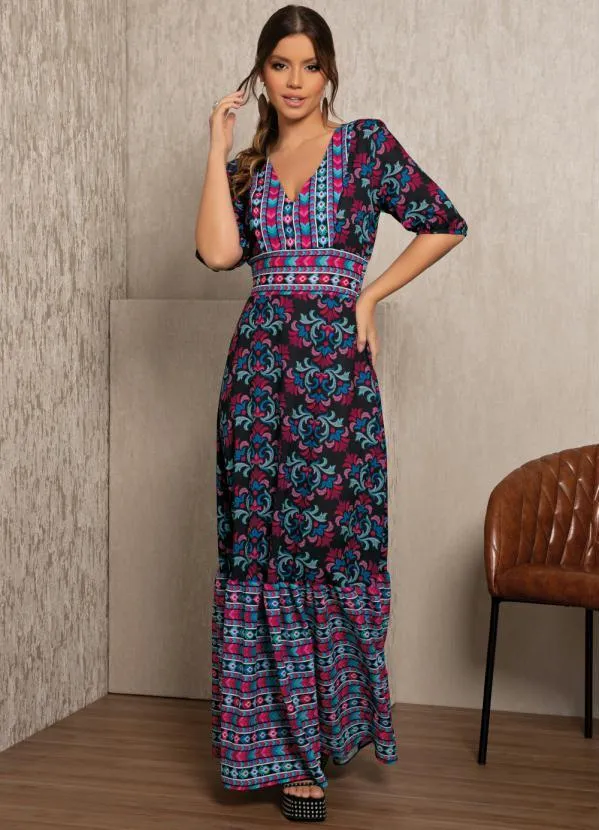 Quintess - Vestido Longo Estampa Arabesco Folk 5