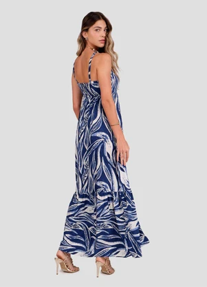 Cereja Rosa - Vestido Longo Estampado com Alça Fina Azul - CEREJA ROSA