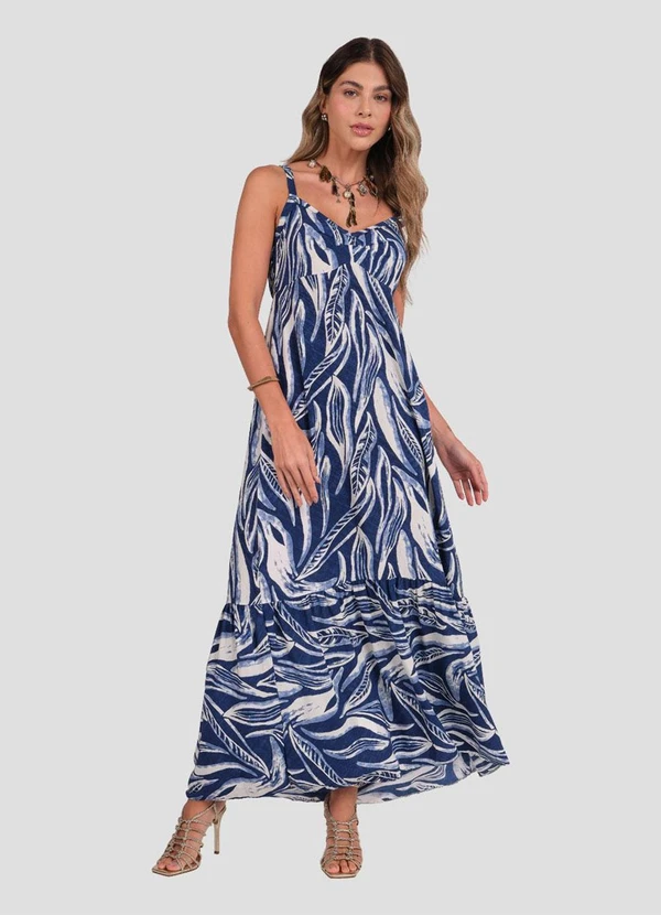 Cereja Rosa - Vestido Longo Estampado com Alça Fina Azul