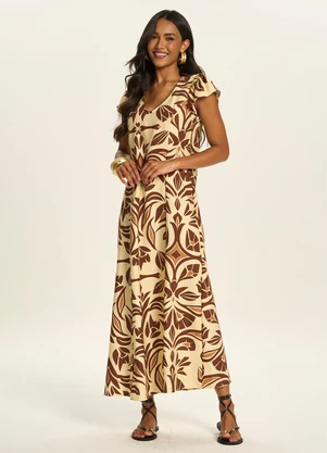 Doce Trama - Vestido Longo Estampado com Decote U Amarelo - DOCE TRAMA