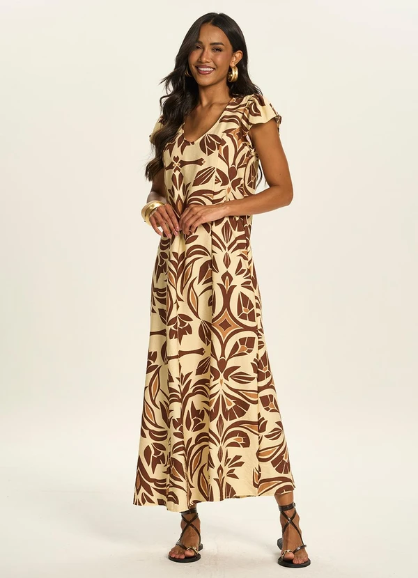 Doce Trama - Vestido Longo Estampado com Decote U Amarelo