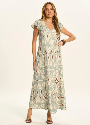 Doce Trama - Vestido Longo Estampado com Decote U Verde - DOCE TRAMA