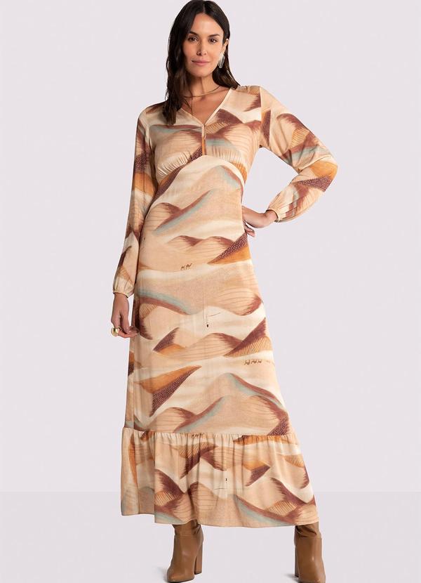 Lunender - Vestido Longo Estampado em Viscose com Manga Longa Marrom
