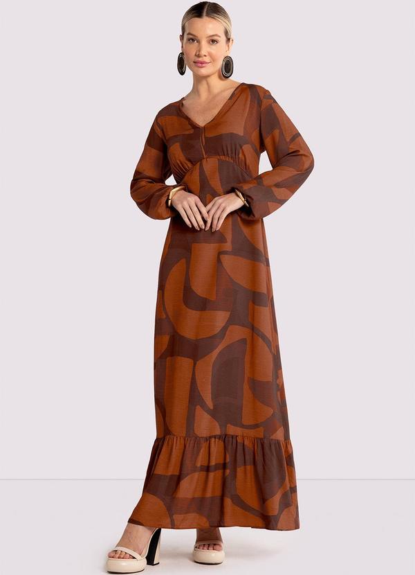 Lunender - Vestido Longo Estampado em Viscose com Manga Longa