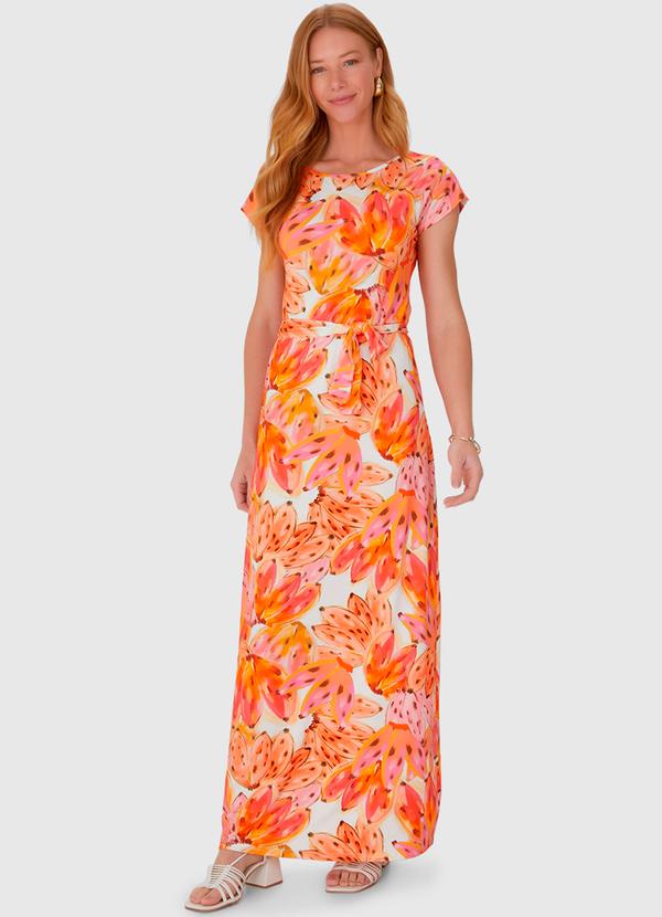 Malwee - Vestido Longo Estampado em Viscose Laranja