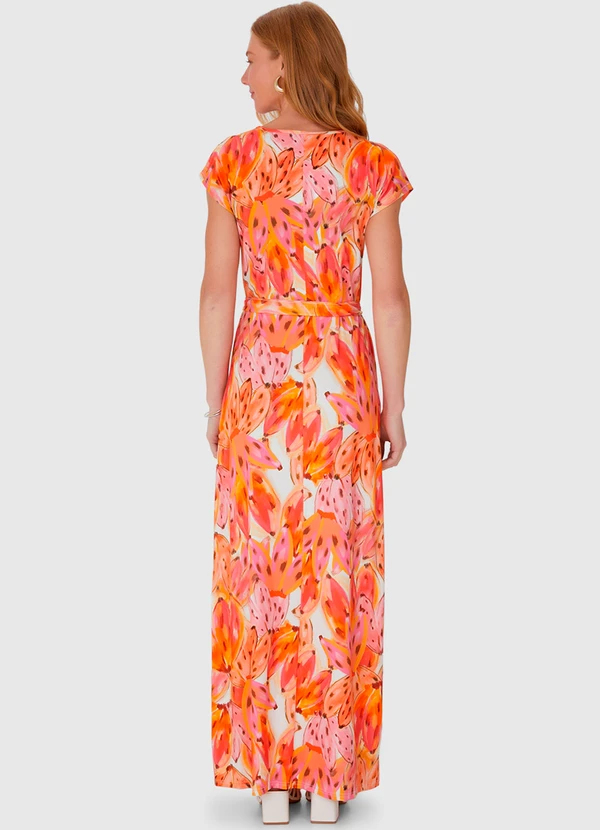 Malwee - Vestido Longo Estampado em Viscose Laranja 2