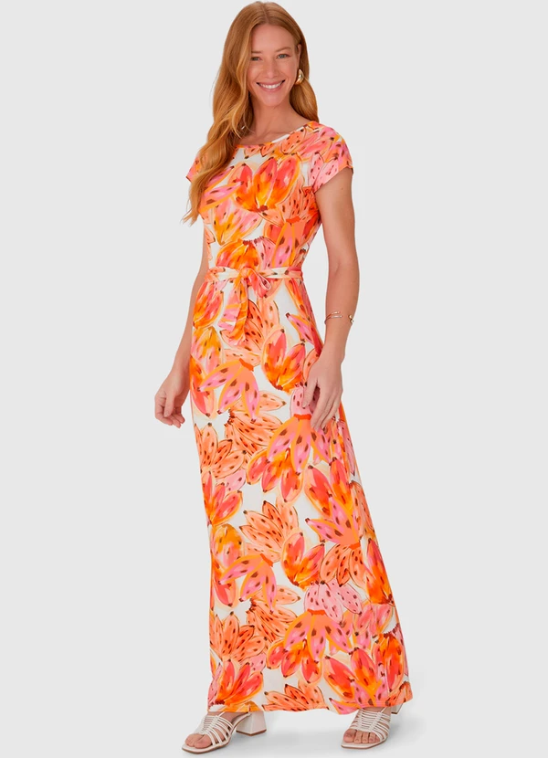 Malwee - Vestido Longo Estampado em Viscose Laranja 4