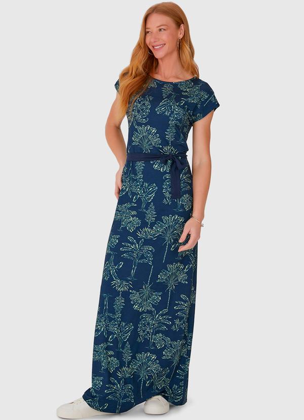 Malwee - Vestido Longo Estampado em Viscose Stretch Azul