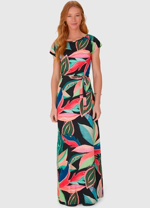 Malwee - Vestido Longo Estampado em Viscose Stretch Preto - MALWEE