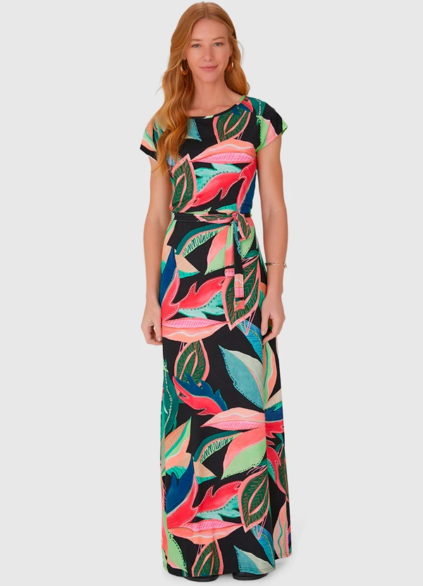 Malwee - Vestido Longo Estampado em Viscose Stretch Preto
