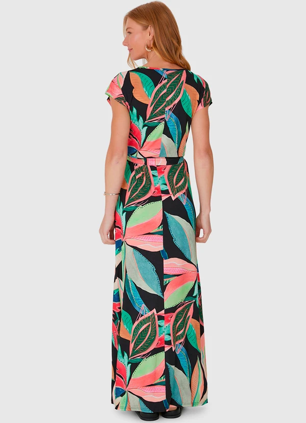 Malwee - Vestido Longo Estampado em Viscose Stretch Preto 2
