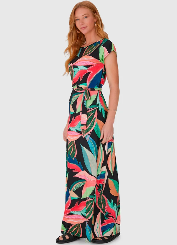Malwee - Vestido Longo Estampado em Viscose Stretch Preto 3