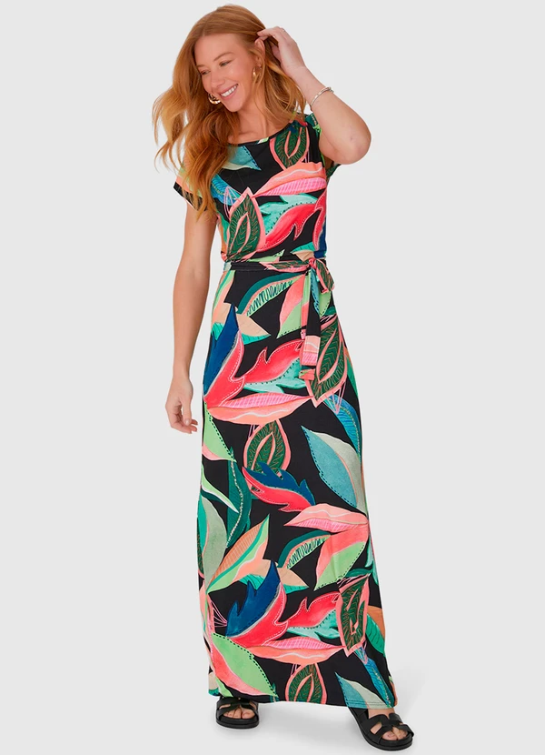 Malwee - Vestido Longo Estampado em Viscose Stretch Preto 4