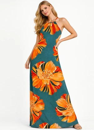 Infinita Cor - Vestido Longo Estampado sem Manga Azul - INFINITA COR