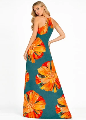 Infinita Cor - Vestido Longo Estampado sem Manga Azul - INFINITA COR