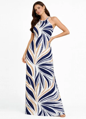 Infinita Cor - Vestido Longo Estampado sem Manga Bege - INFINITA COR