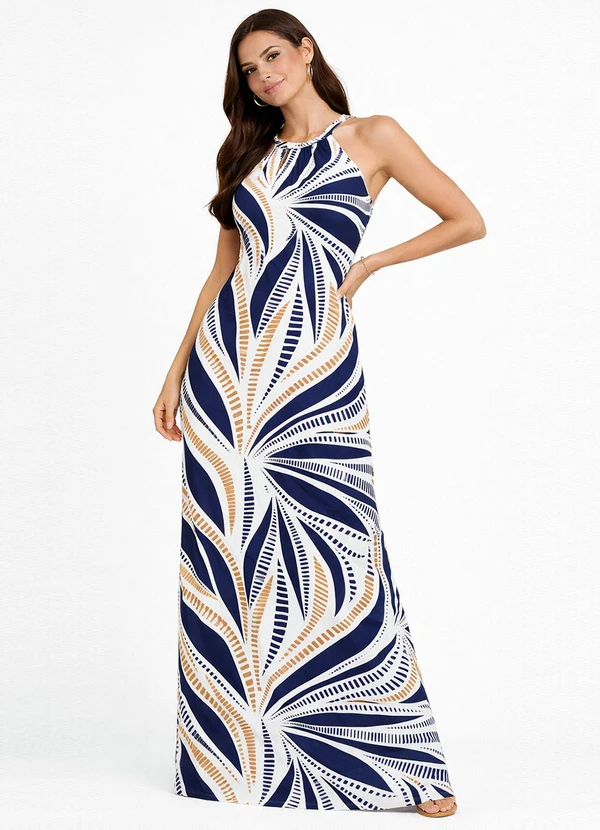 Infinita Cor - Vestido Longo Estampado sem Manga Bege