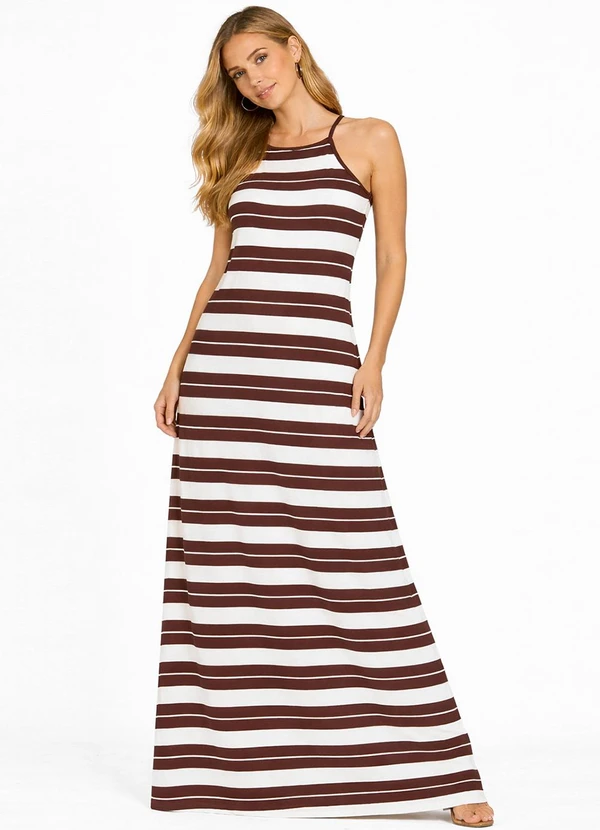 Infinita Cor - Vestido Longo Estampado sem Manga Marrom