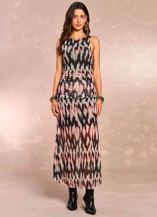 Doce Trama - Vestido Longo Ethnic Blur em Tule Estampado