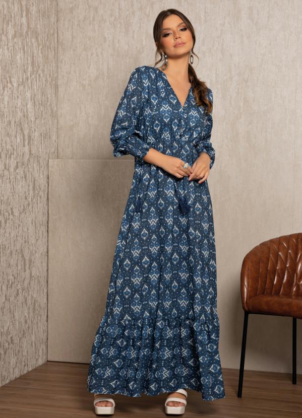 Quintess - Vestido Longo Étnico Azul com Amarração 3