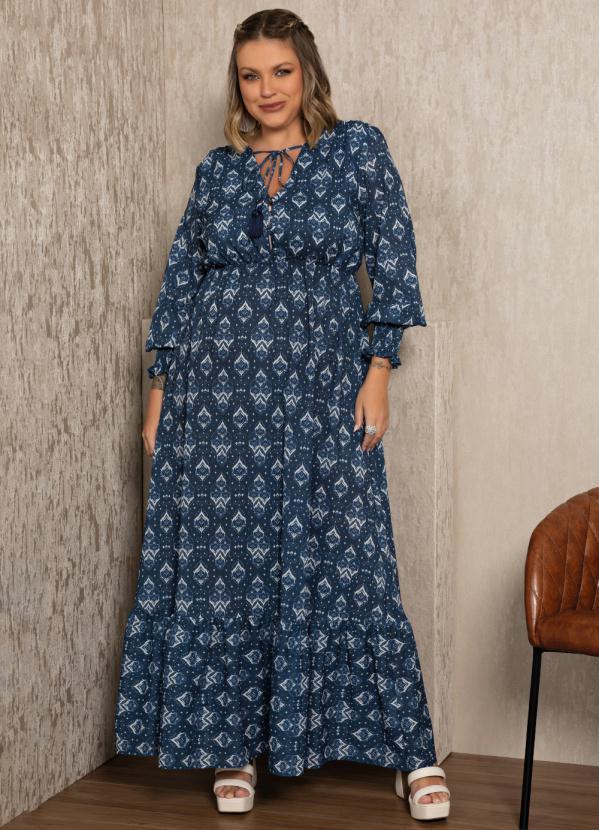 Quintess - Vestido Longo Étnico Azul com Amarração 5