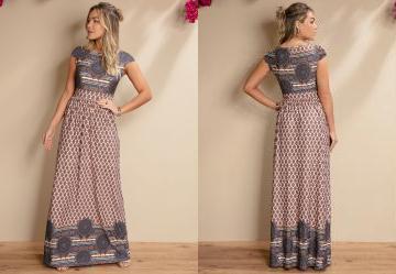 Vestido Longo tnico e Barrado com Manguinhas