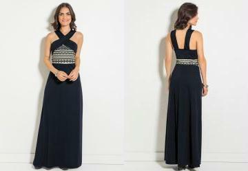 Vestido Longo tnico e Preto com Transpasse